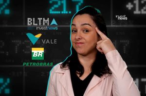Mulher apontando para a cabeça em fundo de dados financeiros e logos: investnews, BLTMA, Vale, BR Petrobras.