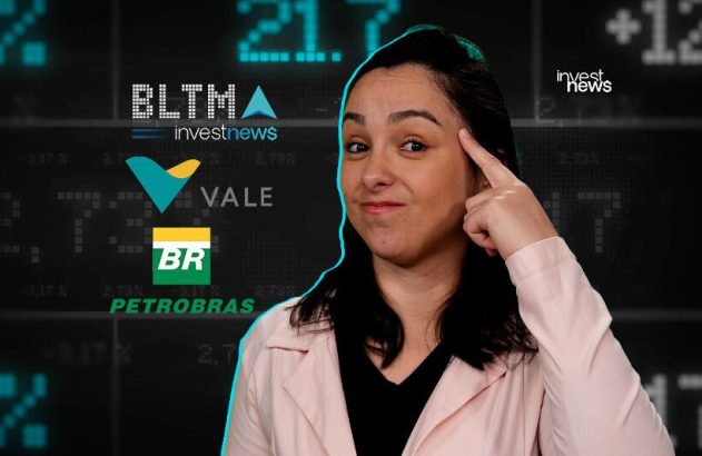 Mulher apontando para a cabeça em fundo de dados financeiros e logos: investnews, BLTMA, Vale, BR Petrobras.