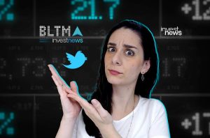 Mulher com olhar confuso e mãos abertas, ao lado do logo do Twitter. Fundo com dados financeiros e logos 'investnews'.
