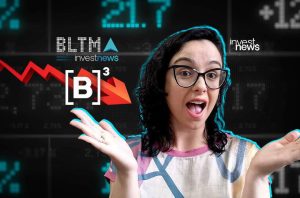 Mulher surpresa com óculos e aparelho, mãos abertas. Fundo com dados financeiros, logos Investnews, B3 e seta de queda.