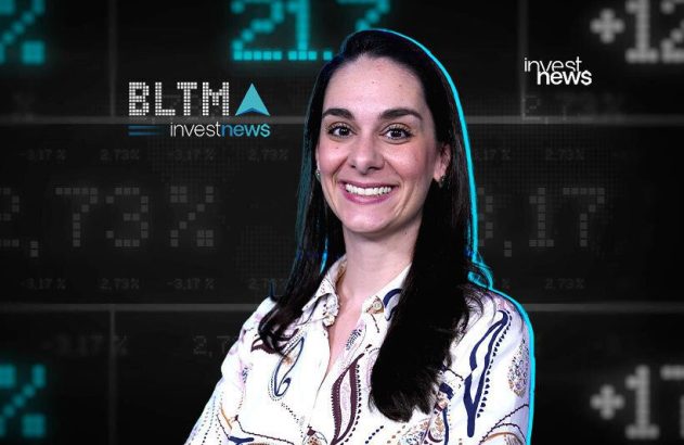 Mulher sorridente em fundo digital de dados financeiros com logo 'investnews'.