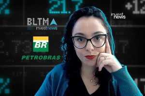 Mulher de óculos em pose pensativa, olhando para câmera. Fundo digital com dados financeiros e logos de Investnews e Petrobras.