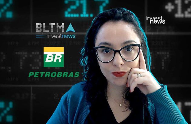 Mulher de óculos em pose pensativa, olhando para câmera. Fundo digital com dados financeiros e logos de Investnews e Petrobras.