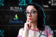 Mulher analista financeira pensativa, com logos BLTMA e Eletrobras e dados de mercado ao fundo.