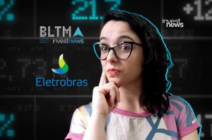 Mulher analista financeira pensativa, com logos BLTMA e Eletrobras e dados de mercado ao fundo.