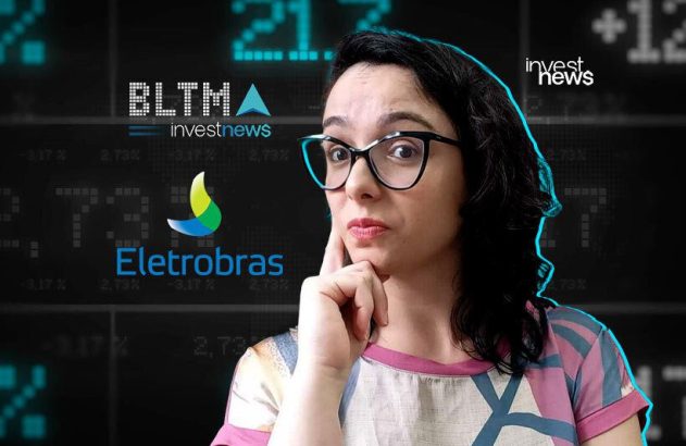Mulher analista financeira pensativa, com logos BLTMA e Eletrobras e dados de mercado ao fundo.