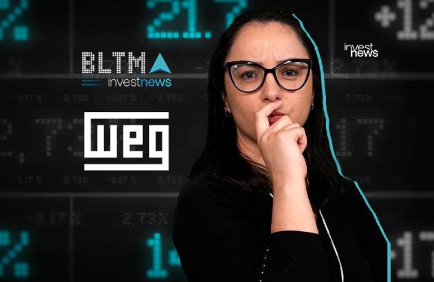 Mulher de óculos pensativa contra fundo financeiro com dados digitais e logos "BLTMA investnews" e "WEG".