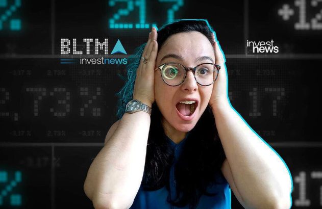 Mulher surpresa com dados financeiros e logos "investnews" em fundo digital escuro.