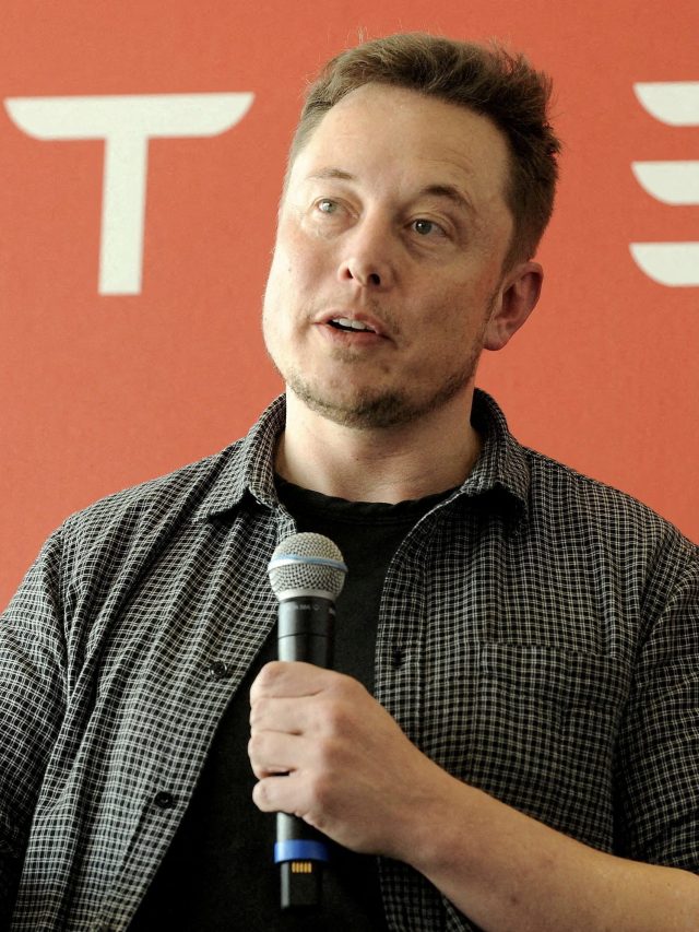 Elon Musk, em camisa xadrez, fala ao microfone. Ao fundo, o logo da Tesla em uma parede vermelha.