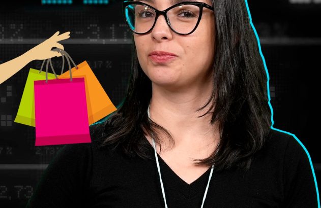 Mulher com óculos à frente de tela financeira, com sacolas de compras ilustradas. BLTMA investnews.
