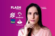 Mulher confusa diante de logos de bancos (BB, Bradesco, Itaú, Santander) e Investnews.