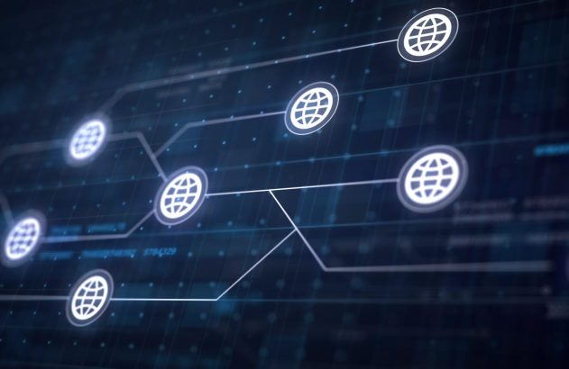 Ícones de globo brancos conectados por linhas em fundo digital escuro. Representa rede global/internet.