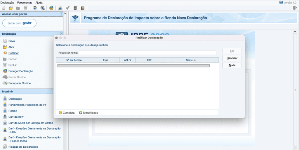 Programa de Imposto de Renda: pop-up 'Abrir Declaração' com lista de declarações para selecionar.