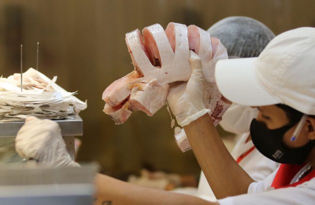Pessoa de máscara e luvas segura peixe grande em postas. Outra pessoa e papéis em espigão ao fundo.