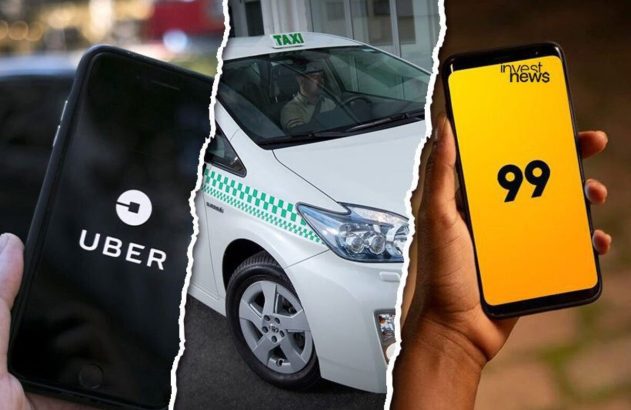 Celulares com apps Uber e 99, e um táxi. Representa opções de transporte urbano.