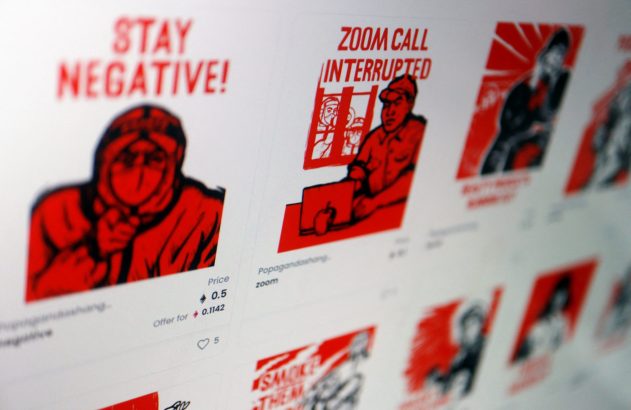 Tela de computador exibindo artes digitais vermelhas e pretas, incluindo "STAY NEGATIVE!" e "ZOOM CALL INTERRUPTED".