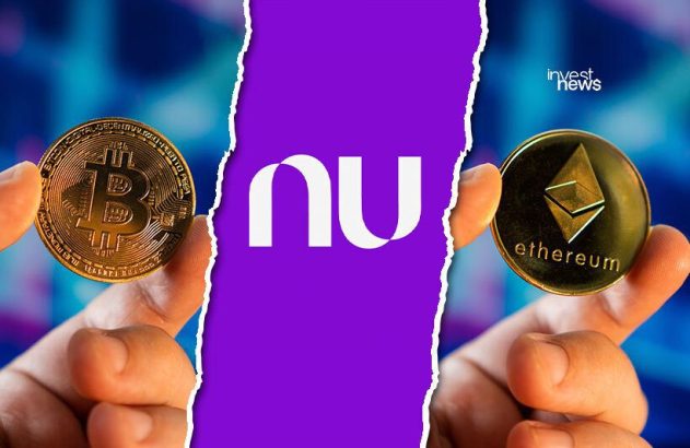 Mãos seguram moedas de Bitcoin e Ethereum. Ao centro, logo 'nu' em faixa roxa, com fundo azul desfocado.