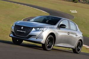 Peugeot Novo 208 Style prata, com teto e rodas pretos, em pista sinuosa.