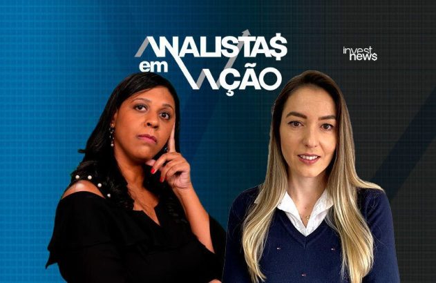 Mulher pensativa à esq., mulher sorrindo à dir., com título "ANALISTAS em AÇÃO" e logo "invest news" em fundo quadriculado.