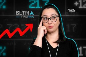 Mulher de óculos pensativa em frente a gráfico financeiro com seta crescente e logo "investnews".