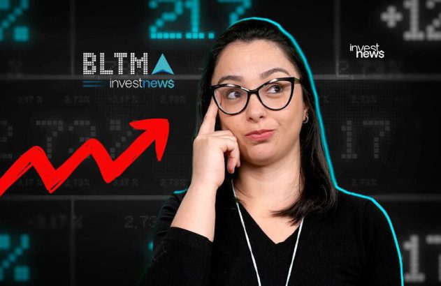 Mulher de óculos pensativa em frente a gráfico financeiro com seta crescente e logo "investnews".