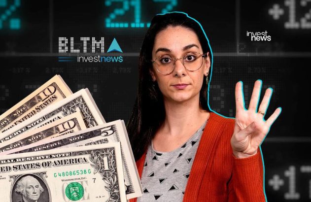 Mulher segura notas de dólar e mostra quatro dedos. Fundo com gráficos financeiros e logos da Investnews.