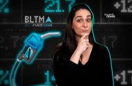 Mulher pensativa com bico de combustível em fundo de dados financeiros e logo Investnews.