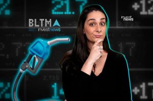 Mulher pensativa com bico de combustível em fundo de dados financeiros e logo Investnews.