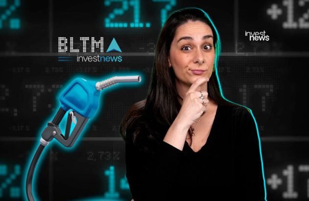 Mulher pensativa com bico de combustível em fundo de dados financeiros e logo Investnews.