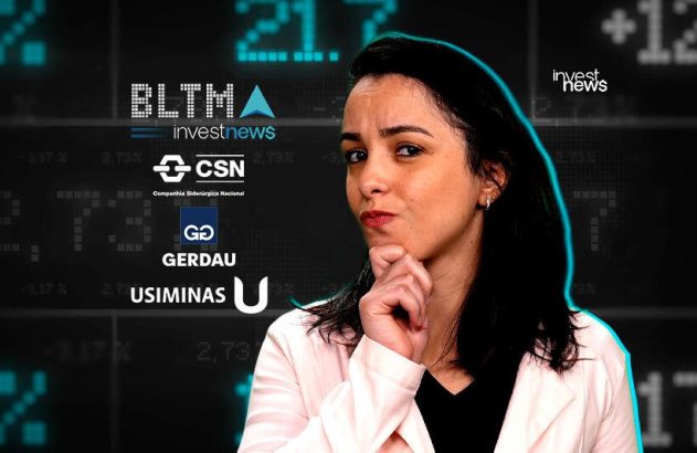 Mulher pensativa diante de logos de empresas (CSN, Gerdau, Usiminas) em fundo digital com dados financeiros.