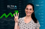 Mulher sorridente mostra três dedos sobre fundo de gráfico financeiro em alta e dados de mercado. Logos BLTMA e Investnews.