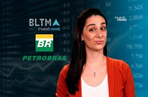Mulher apresenta dados financeiros. Fundo com logos Petrobras, BR e Investnews.