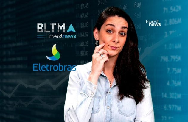 Mulher pensativa com logos Investnews e Eletrobras, e dados financeiros. Sugere decisão sobre mercado.