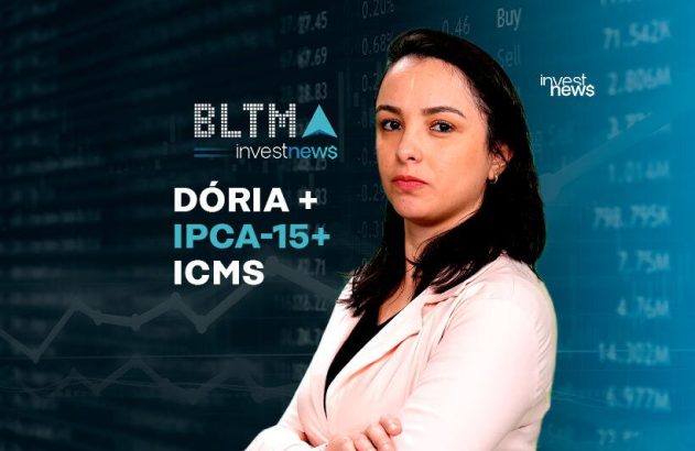 Mulher com braços cruzados à frente de dados financeiros e textos "Dória, IPCA-15, ICMS", com logo Investnews.