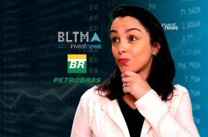 Mulher ponderando investimentos, com logos Petrobras/BR e dados de mercado ao fundo.