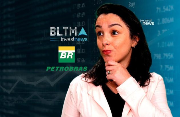 Mulher ponderando investimentos, com logos Petrobras/BR e dados de mercado ao fundo.