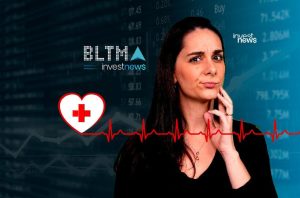 Mulher pensativa com fundo de dados financeiros. Símbolo de saúde, ECG e logo Investnews.