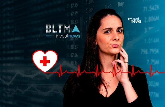 Mulher pensativa com fundo de dados financeiros. Símbolo de saúde, ECG e logo Investnews.