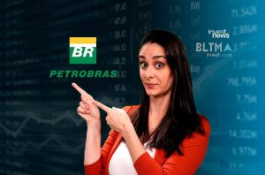 Mulher com olhar surpreso aponta para logos "Petrobras" e "Investnews" em fundo de dados financeiros.