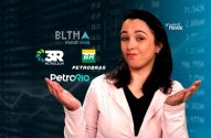 Apresentadora da Investnews compara logos de empresas de petróleo com dados de mercado ao fundo.