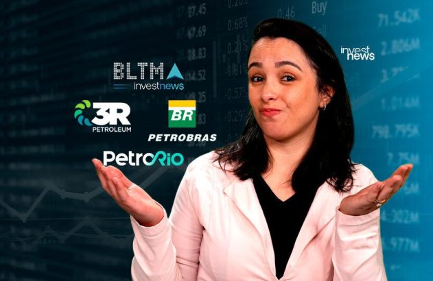 Apresentadora da Investnews compara logos de empresas de petróleo com dados de mercado ao fundo.