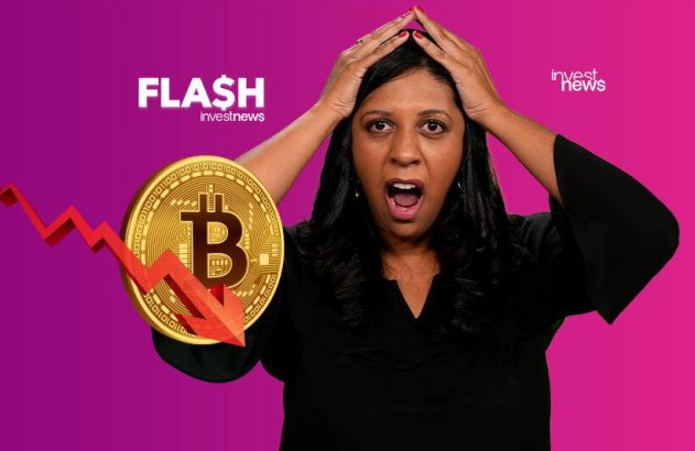Mulher assustada, mãos na cabeça. Moeda Bitcoin dourada com seta vermelha indicando forte queda.