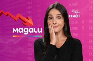 Mulher chocada com queda de ações Magalu em fundo de mercado financeiro com seta para baixo.