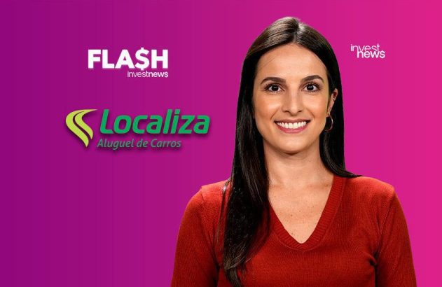 Mulher sorrindo em fundo roxo com logos: FLASH investnews e Localiza Aluguel de Carros.