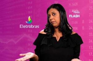 Mulher com fundo de dados financeiros e logos Eletrobras/Invest News, expressando dúvida.