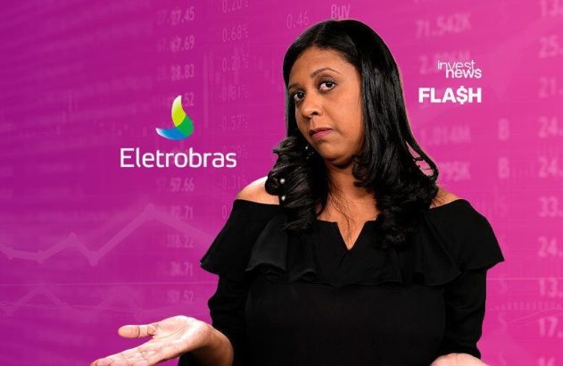 Mulher com fundo de dados financeiros e logos Eletrobras/Invest News, expressando dúvida.