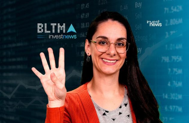 Mulher sorrindo mostra quatro dedos, com fundo digital de dados financeiros e logo Investnews.