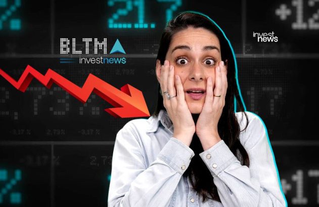 Mulher assustada com mãos no rosto. Ao fundo, números e uma seta vermelha indicam a forte queda do mercado financeiro.