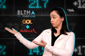 Mulher em blazer claro gesticula sobre logos GOL, Avianca e BLTMA, com fundo de dados financeiros.