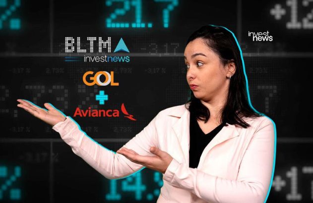 Mulher em blazer claro gesticula sobre logos GOL, Avianca e BLTMA, com fundo de dados financeiros.